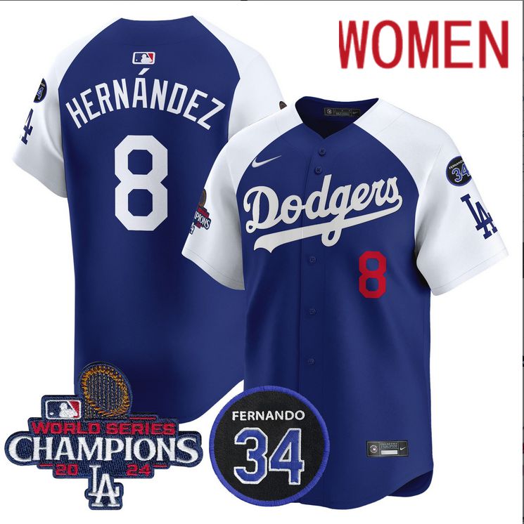 Women MLB Los Angeles Dodgers #8 Hernandez blue 2024 World Series Champions Patch Limited Jersey style 5